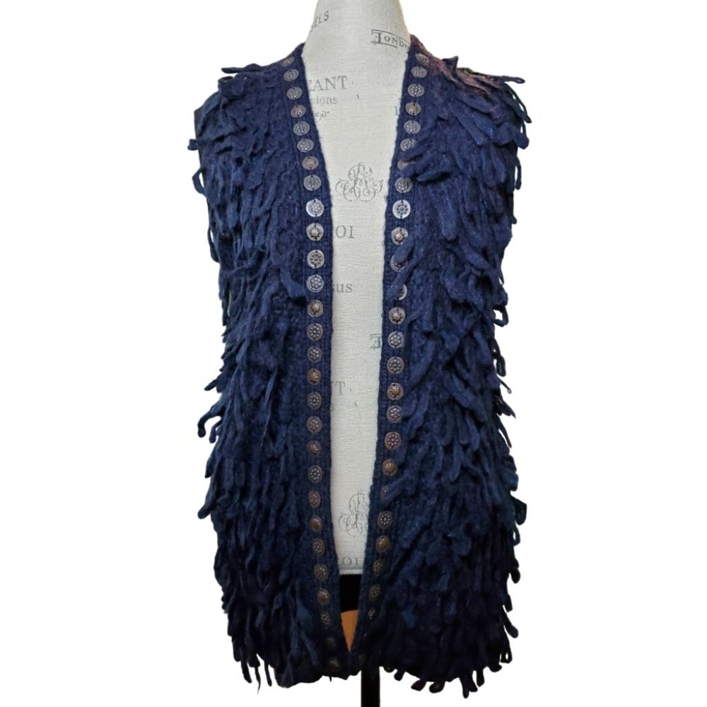 SCOTCH & SODA | Bronze Coin Hem Indigo Blue Fringe Sweater Vest (Size S) - Picture 1 of 10